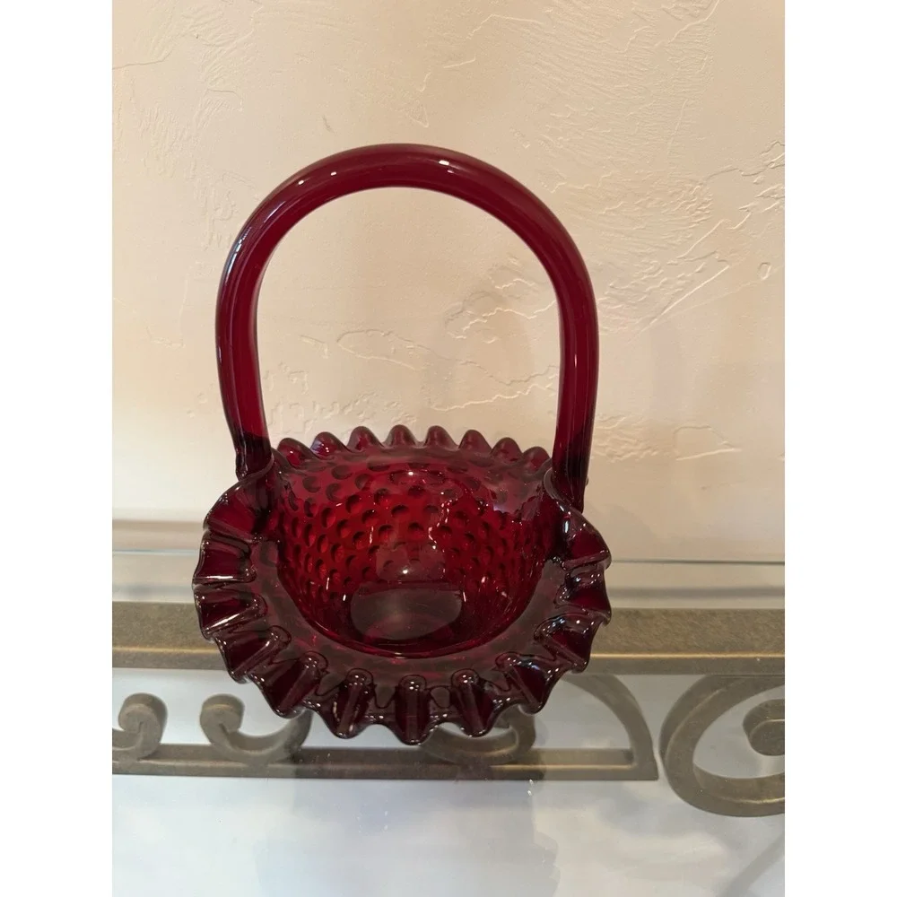 Fenton Ruby Red Amberina Hobnail Glass Basket Ruffled Vintage 7